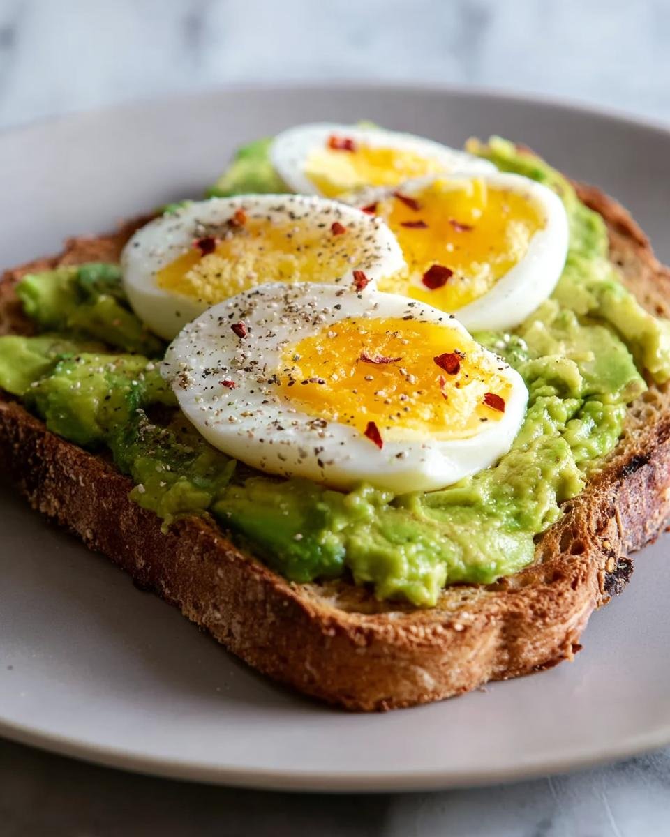 A slice of whole wheat toast topped with mashed avocado, sliced hard-boiled eggs, and sprinkled with pepper and chili flakes.