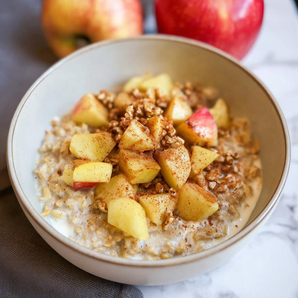 A close-up of a bowl of Apple Cinnamon Healthy Oatmeal topped with diced apples and cinnamon.