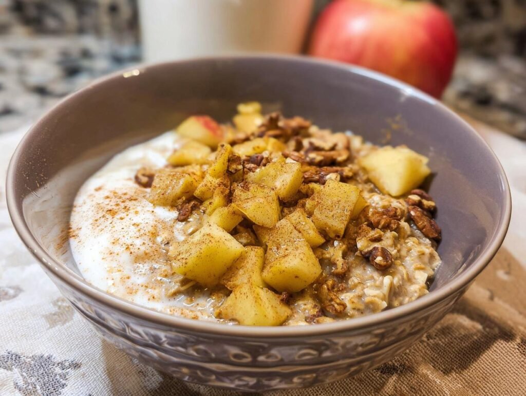 A close-up of a bowl filled with Apple Cinnamon Healthy Oatmeal, topped with diced apples, walnuts, and cinnamon.