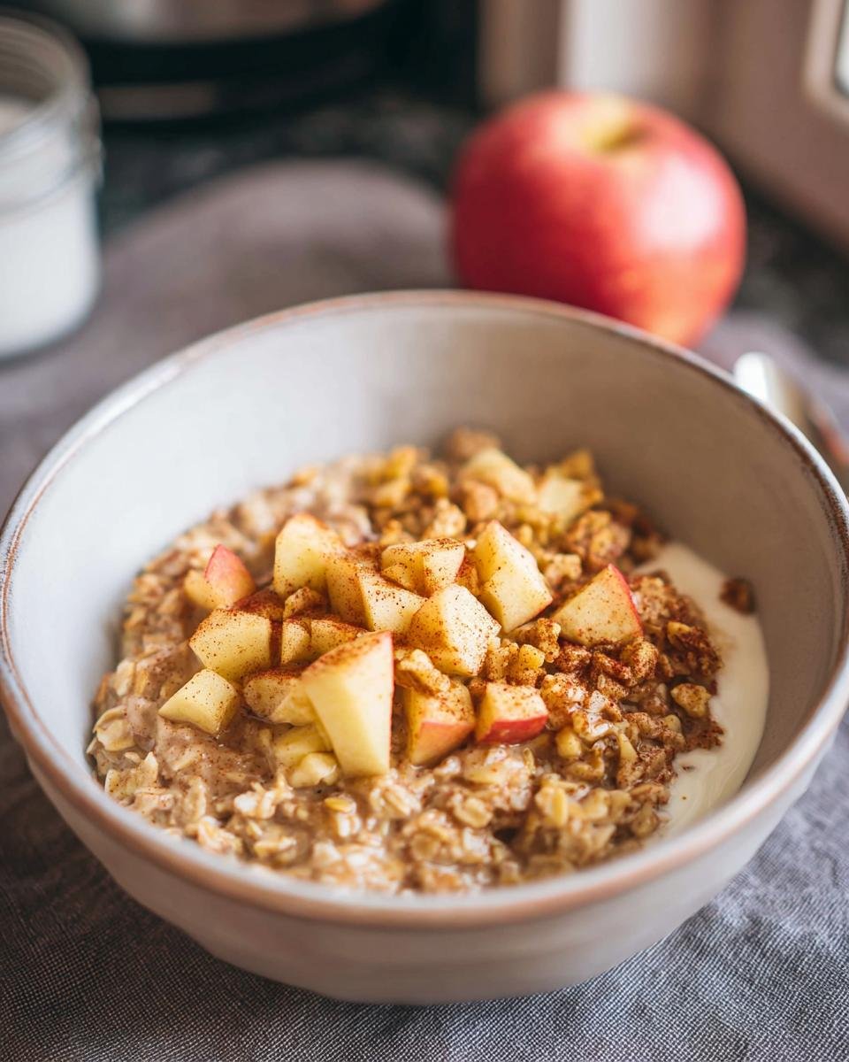 A close-up of a bowl of Apple Cinnamon Healthy Oatmeal topped with diced apples and cinnamon.
