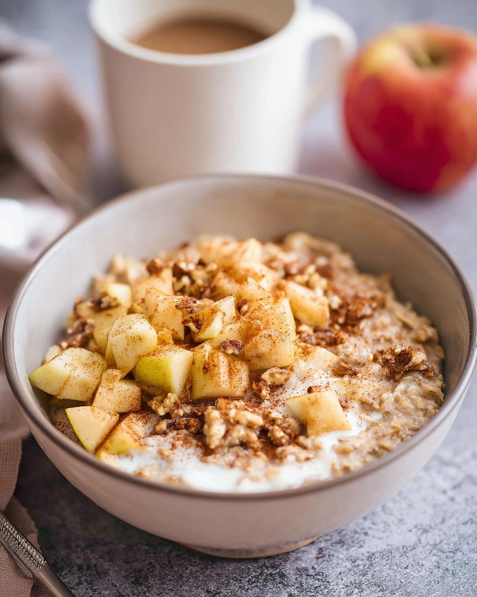 A close-up of a bowl of Apple Cinnamon Healthy Oatmeal topped with fresh apple chunks, walnuts, and cinnamon.