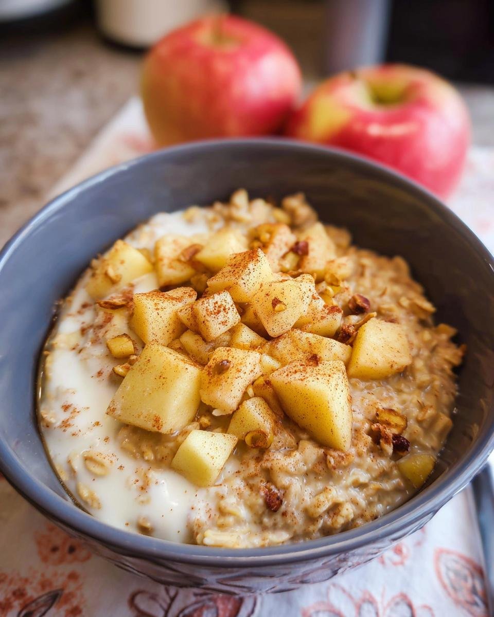 A close-up of a bowl of Apple Cinnamon Healthy Oatmeal topped with diced apples, cinnamon, and nuts.