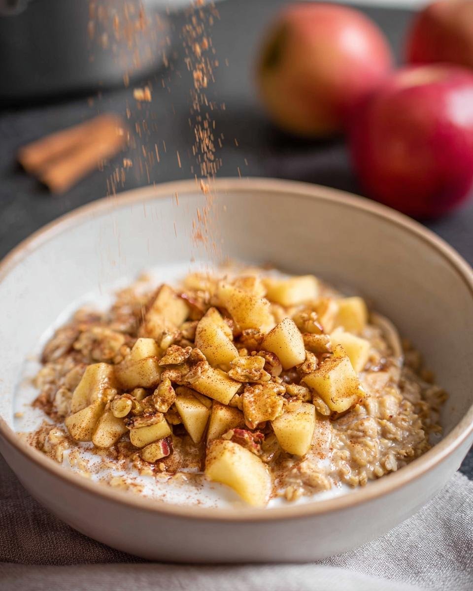 A close-up of Apple Cinnamon Healthy Oatmeal being sprinkled with cinnamon and topped with diced apples and nuts.