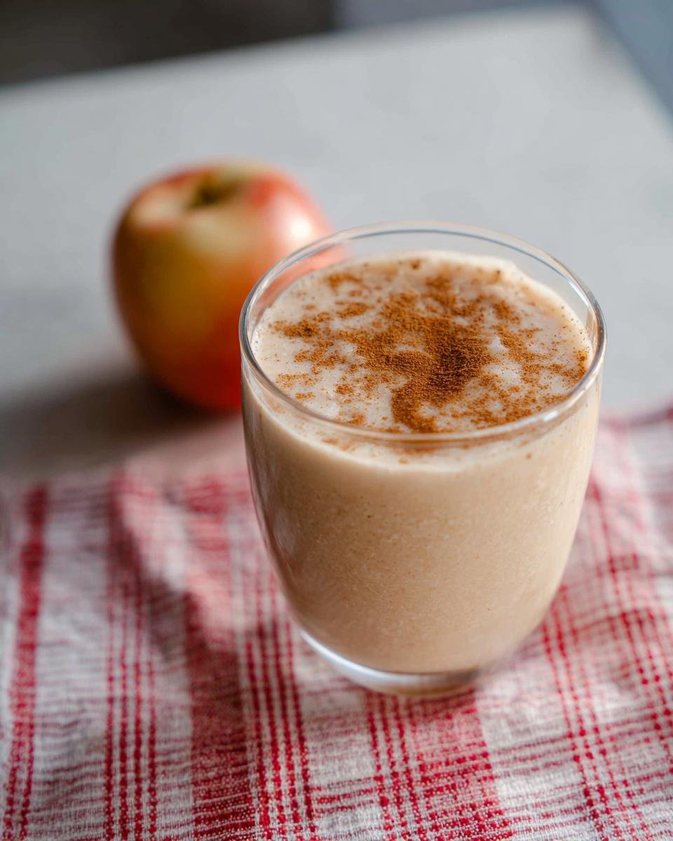 A refreshing Apple Cinnamon Smoothie topped with a dusting of cinnamon, with a fresh apple in the background.