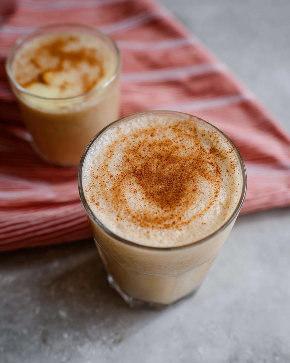 Close-up of a frothy Apple Cinnamon Smoothie topped with cinnamon powder in a clear glass.