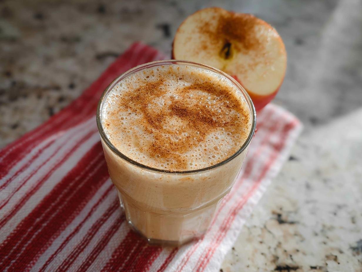 A refreshing Apple Cinnamon Smoothie topped with cinnamon, next to a halved apple.