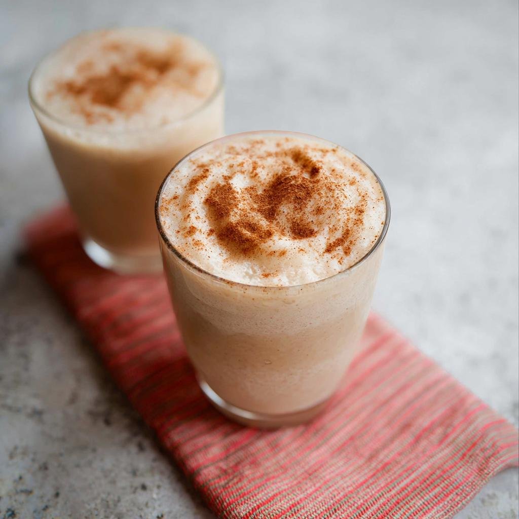 Two glasses of creamy Apple Cinnamon Smoothie topped with cinnamon powder.