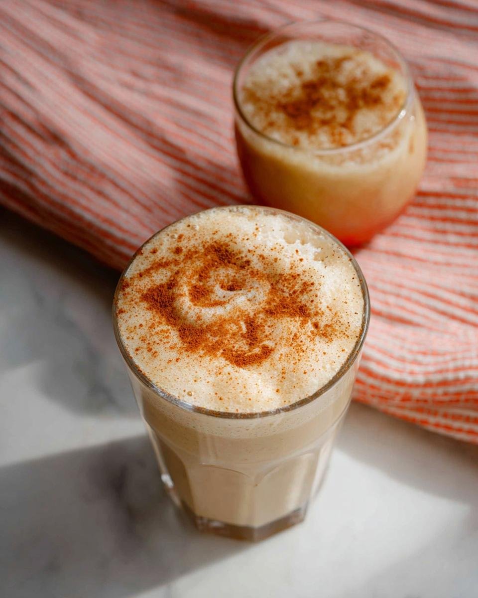 Two glasses of frothy Apple Cinnamon Smoothie, topped with a swirl of cinnamon powder.