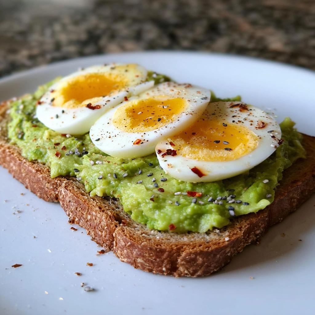 A slice of whole wheat toast topped with mashed avocado, sliced hard-boiled eggs, chia seeds, and chili flakes. A perfect 5-minute healthy breakfast.