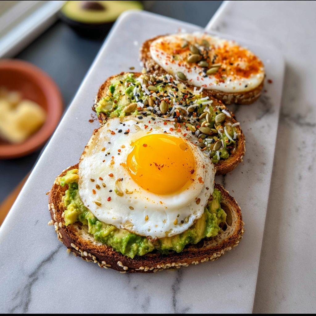 Three slices of Avocado Toast with Egg & Seeds on a marble board. One slice features a perfectly fried egg.
