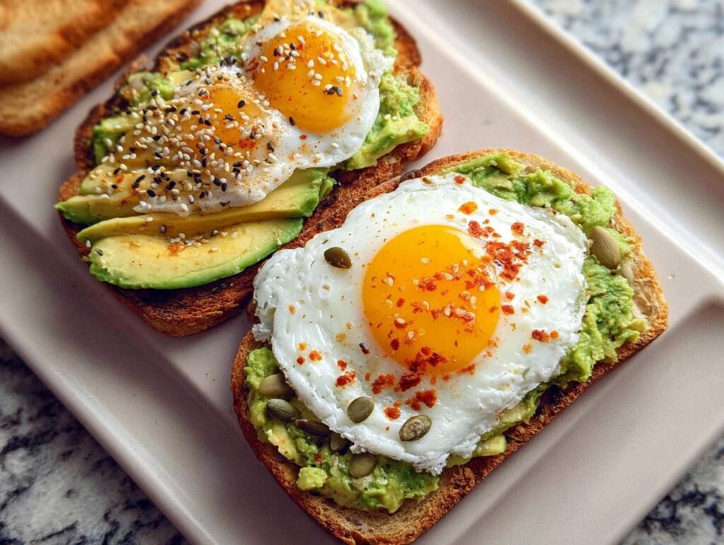 Two slices of avocado toast with egg and seeds, one with sliced avocado and mixed seeds, the other with mashed avocado and a fried egg.