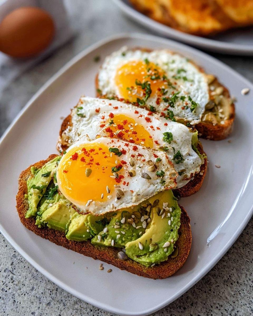 Three slices of avocado toast topped with fried eggs and a sprinkle of seeds and herbs.