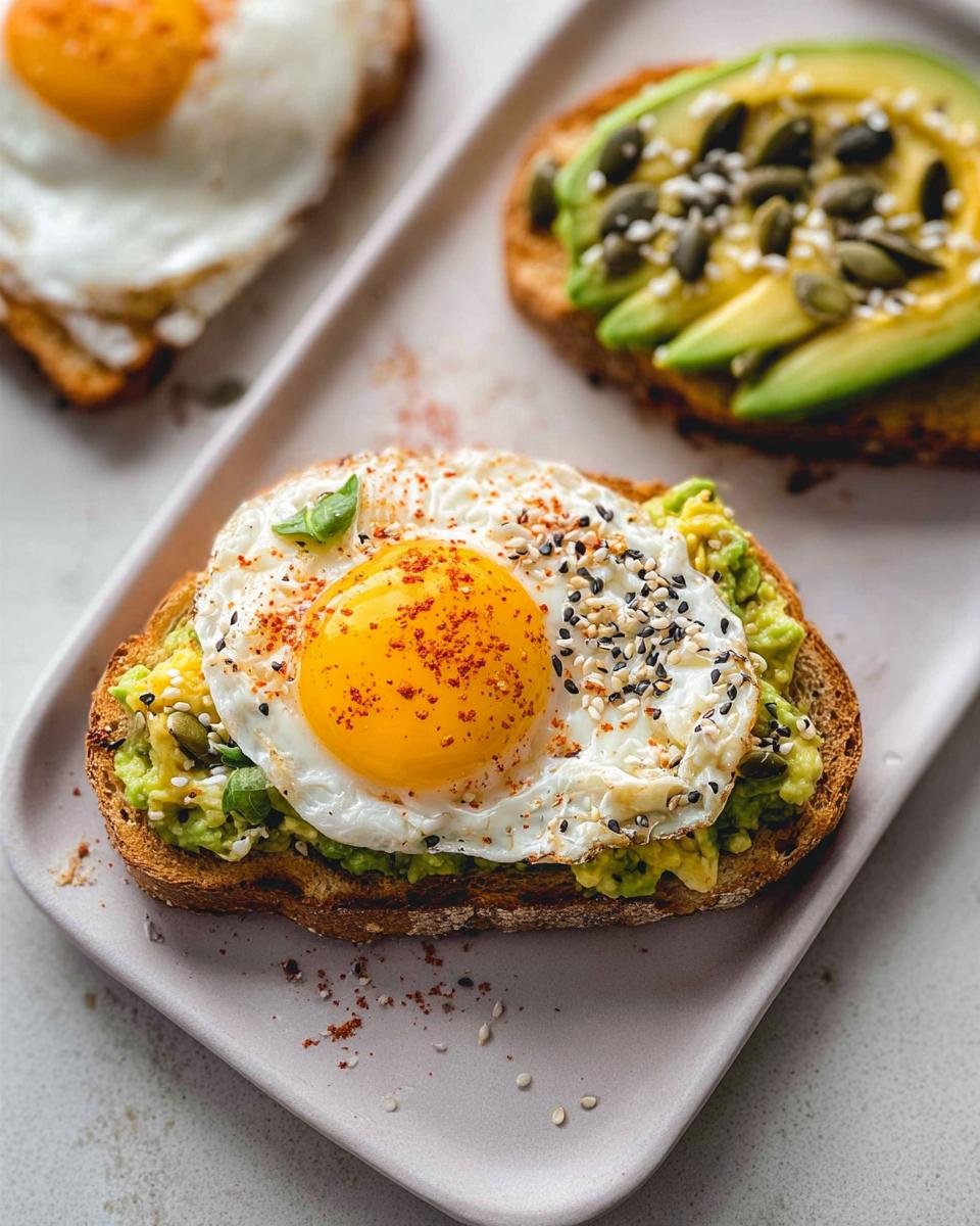 Close-up of delicious Avocado Toast with Egg & Seeds, featuring a perfectly fried egg and sprinkled seeds on mashed avocado.