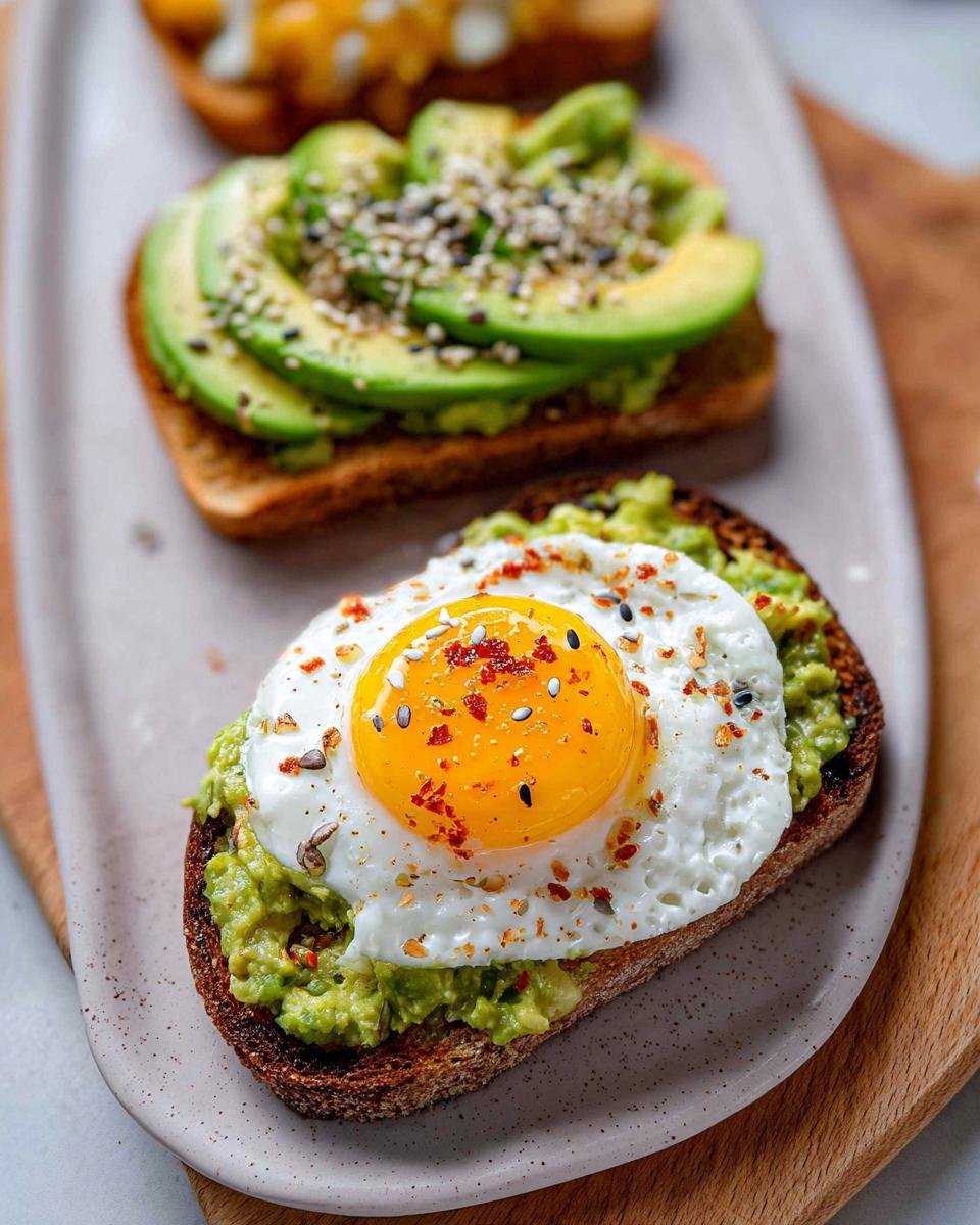Close-up of delicious avocado toast with a fried egg and sprinkled seeds.