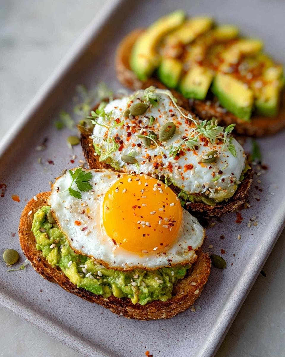 Three slices of Avocado Toast with Egg & Seeds on a grey plate, one topped with a fried egg and seeds, another with a runny egg and microgreens, and the third with sliced avocado.