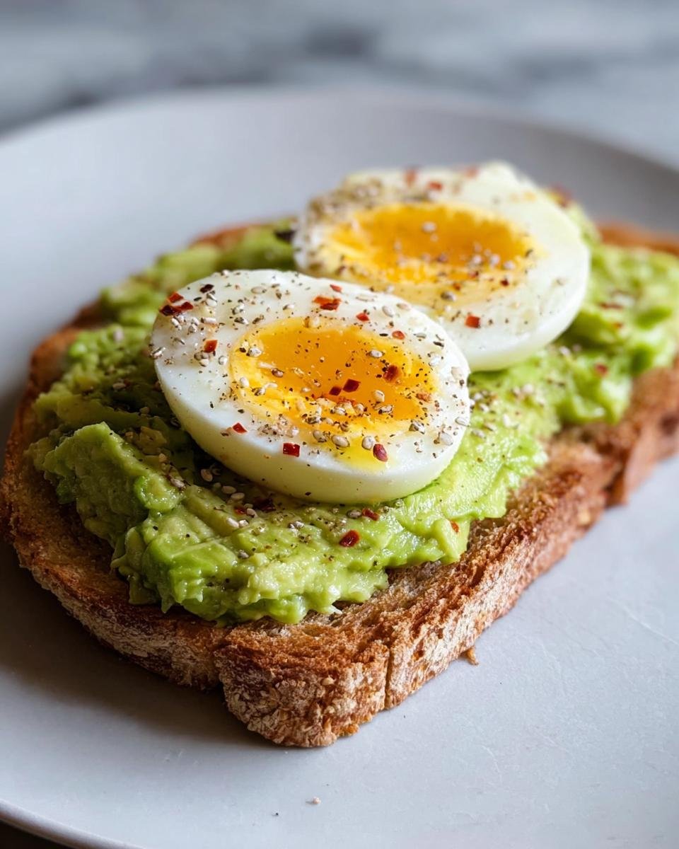 Close-up of a 5-minute healthy breakfast toast with mashed avocado and sliced hard-boiled eggs, seasoned with pepper and chili flakes.