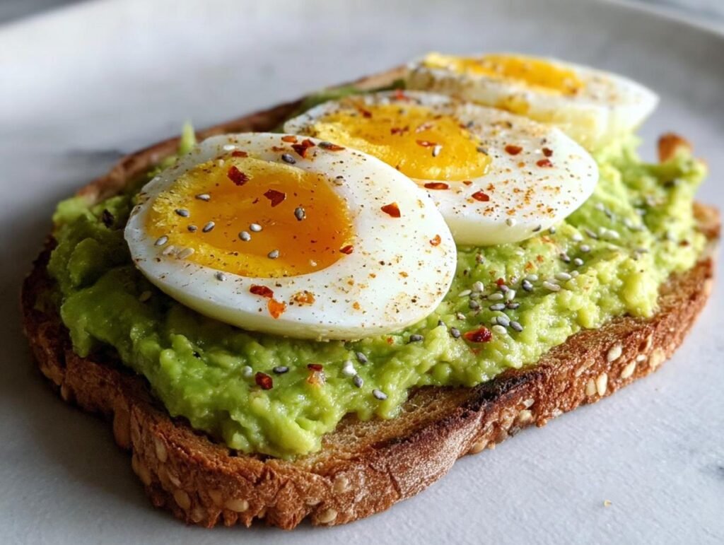 Close-up of a whole-grain toast topped with mashed avocado, sliced hard-boiled eggs, and sprinkled with chili flakes and chia seeds.