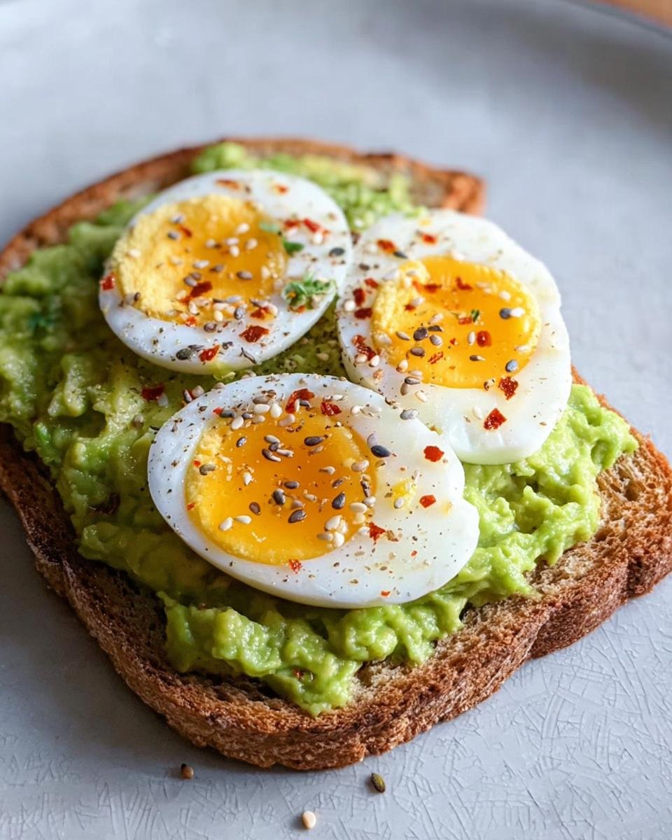 Close-up of a slice of whole wheat toast topped with mashed avocado and sliced hard-boiled eggs, sprinkled with chili flakes and sesame seeds.