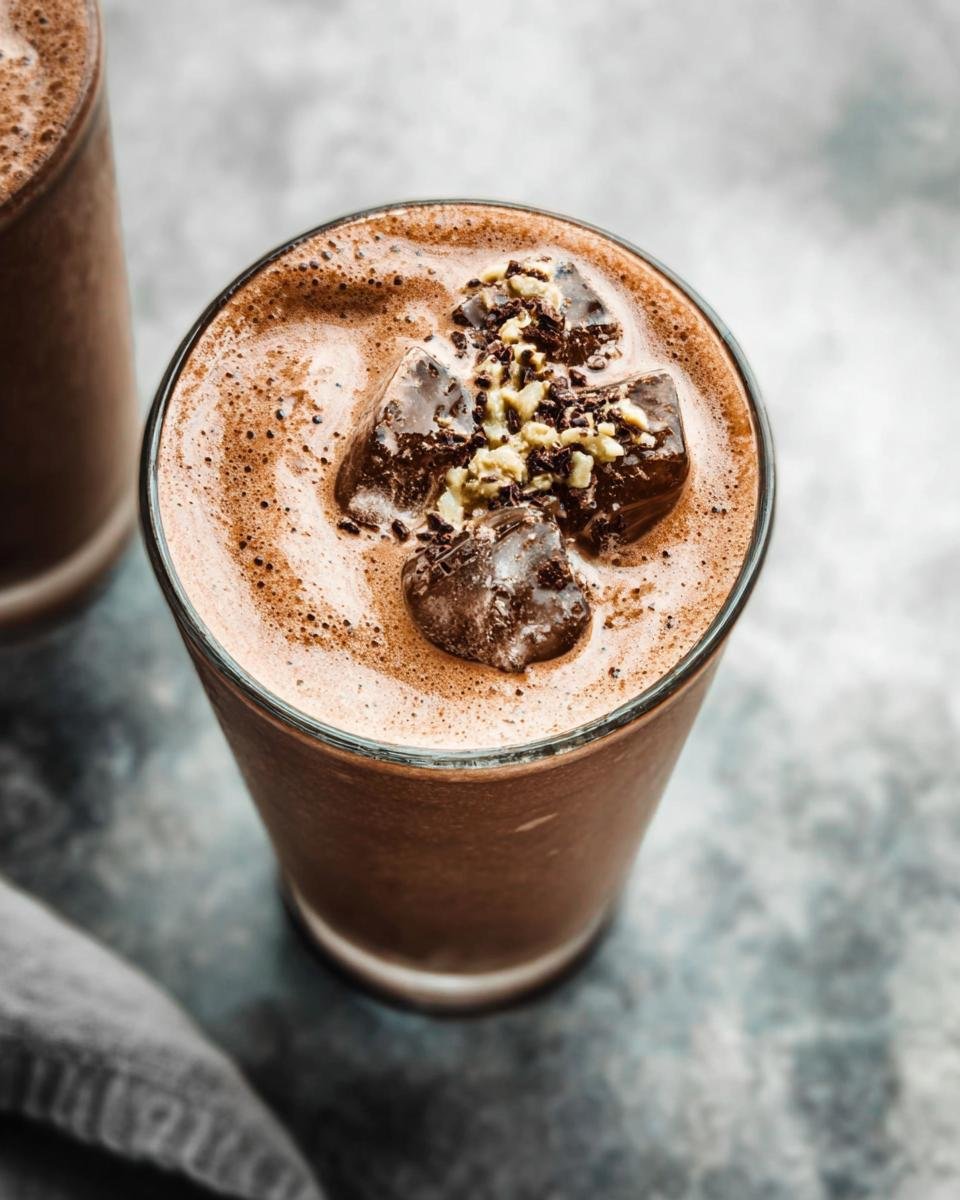 A close-up of a refreshing Chocolate Protein Shake topped with ice cubes and chocolate shavings.