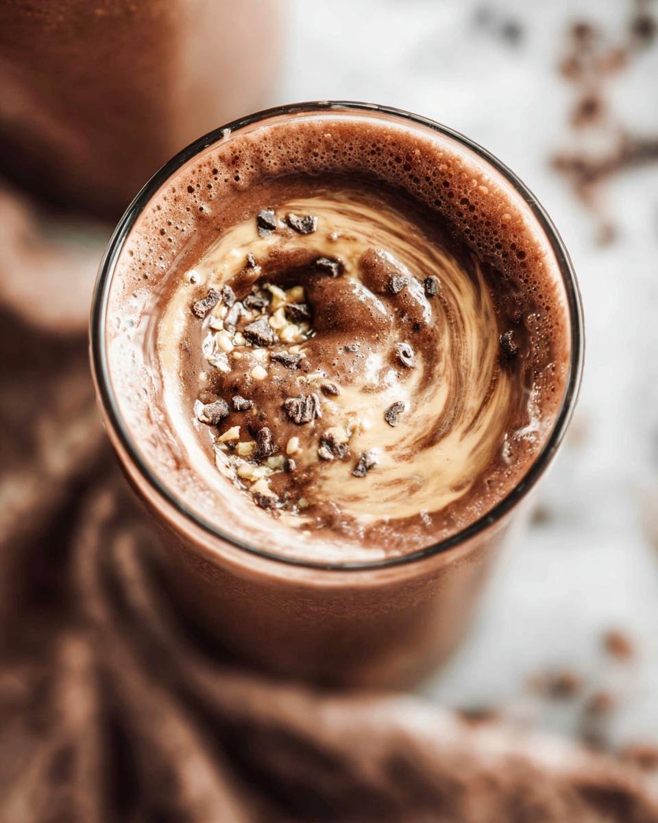 Top-down view of a rich Chocolate Protein Shake in a glass, topped with a peanut butter swirl and cacao nibs.