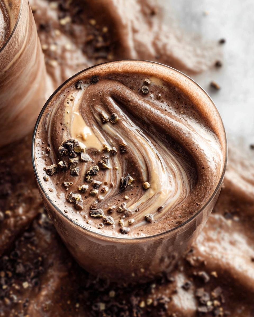 Close-up of a delicious Chocolate Protein Shake with creamy swirls and chocolate shavings on top.