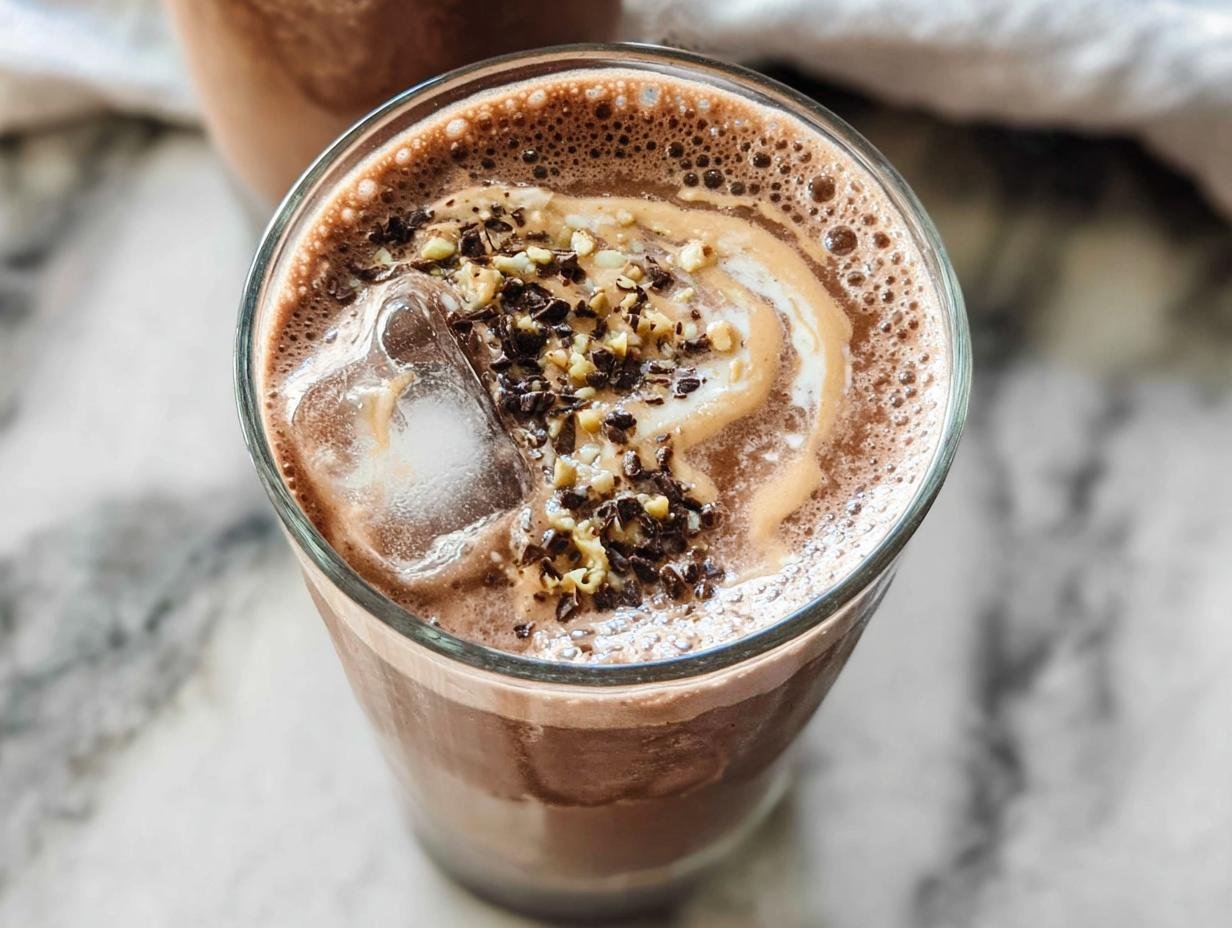 A close-up of a refreshing Chocolate Protein Shake topped with ice, a swirl of cream, and chopped nuts.