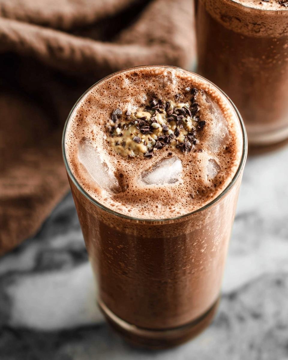 A refreshing Chocolate Protein Shake topped with peanut butter, cocoa nibs, and ice.