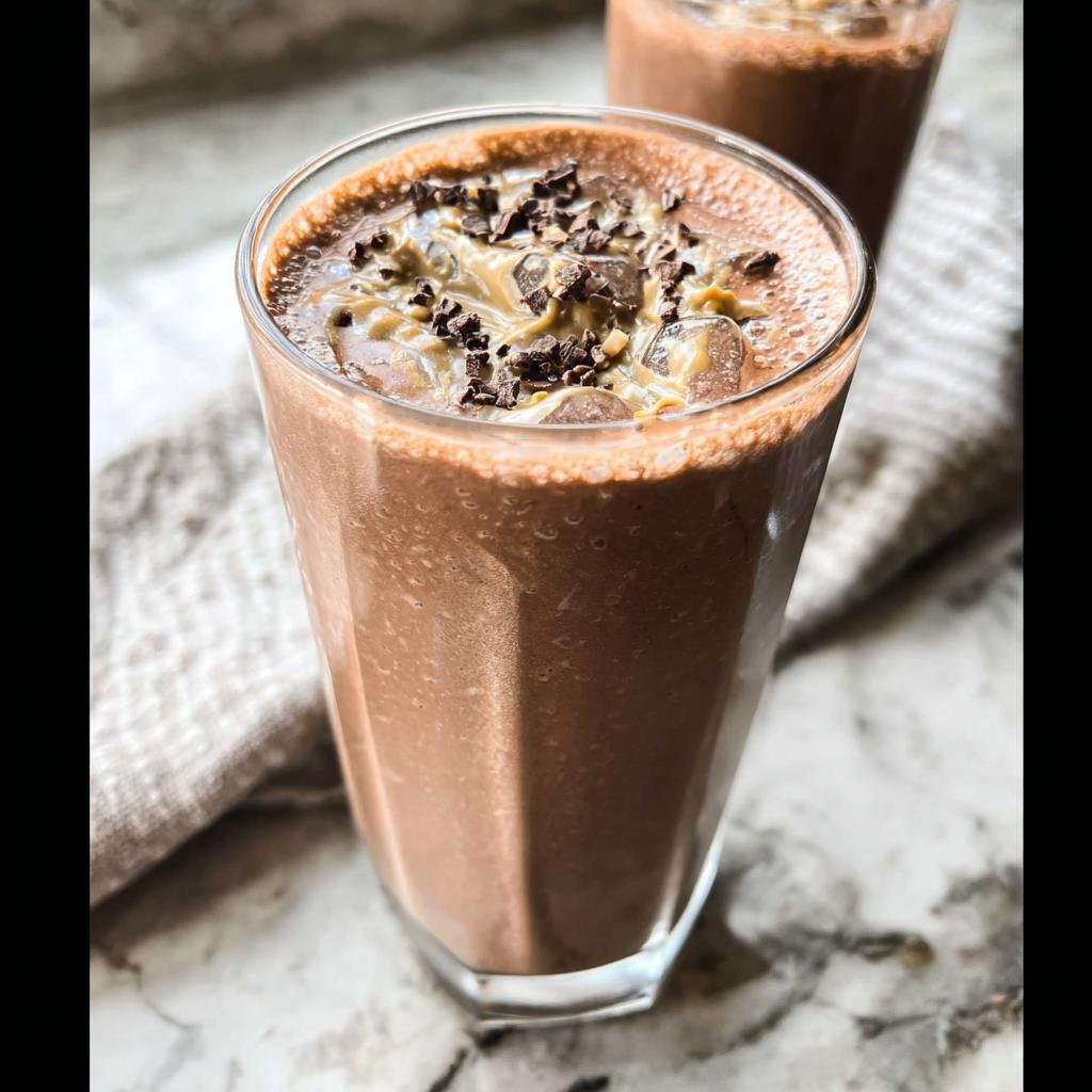 A refreshing Chocolate Protein Shake in a glass, topped with peanut butter, chocolate shavings, and ice cubes.
