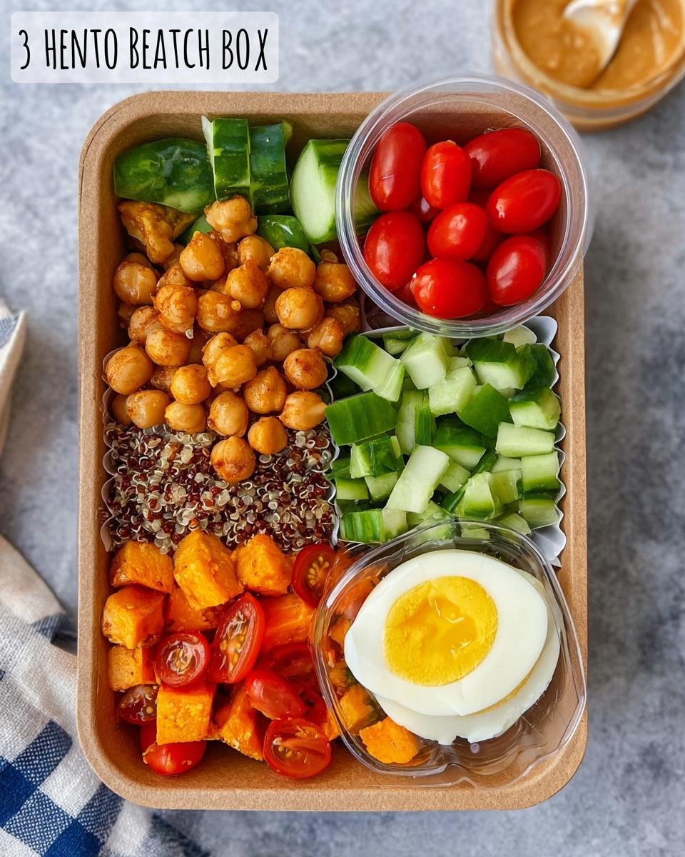 Overhead view of an Easy Healthy Lunch Bento Box filled with chickpeas, quinoa, roasted sweet potatoes, cherry tomatoes, cucumber, and a hard-boiled egg.