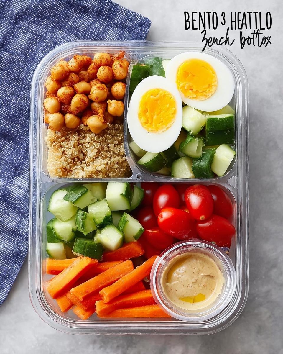 Overhead view of an Easy Healthy Lunch Bento Box filled with quinoa, spiced chickpeas, hard-boiled eggs, cucumber, cherry tomatoes, and carrot sticks.