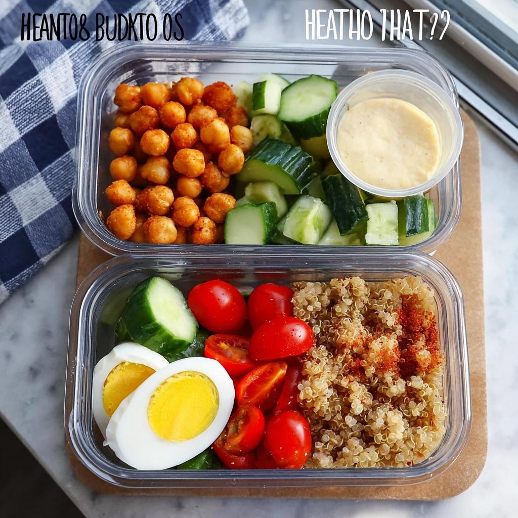 Overhead view of an Easy Healthy Lunch Bento Box filled with quinoa, chickpeas, cucumber, cherry tomatoes, and hard-boiled eggs.