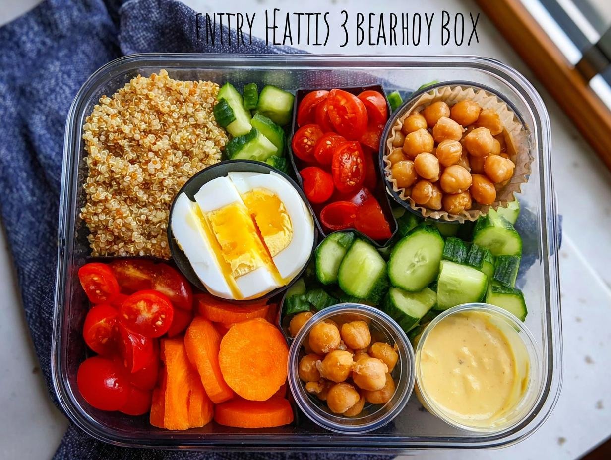 Overhead view of an Easy Healthy Lunch Bento Box filled with quinoa, sliced hard-boiled egg, cherry tomatoes, cucumber, carrots, and chickpeas with dressing.