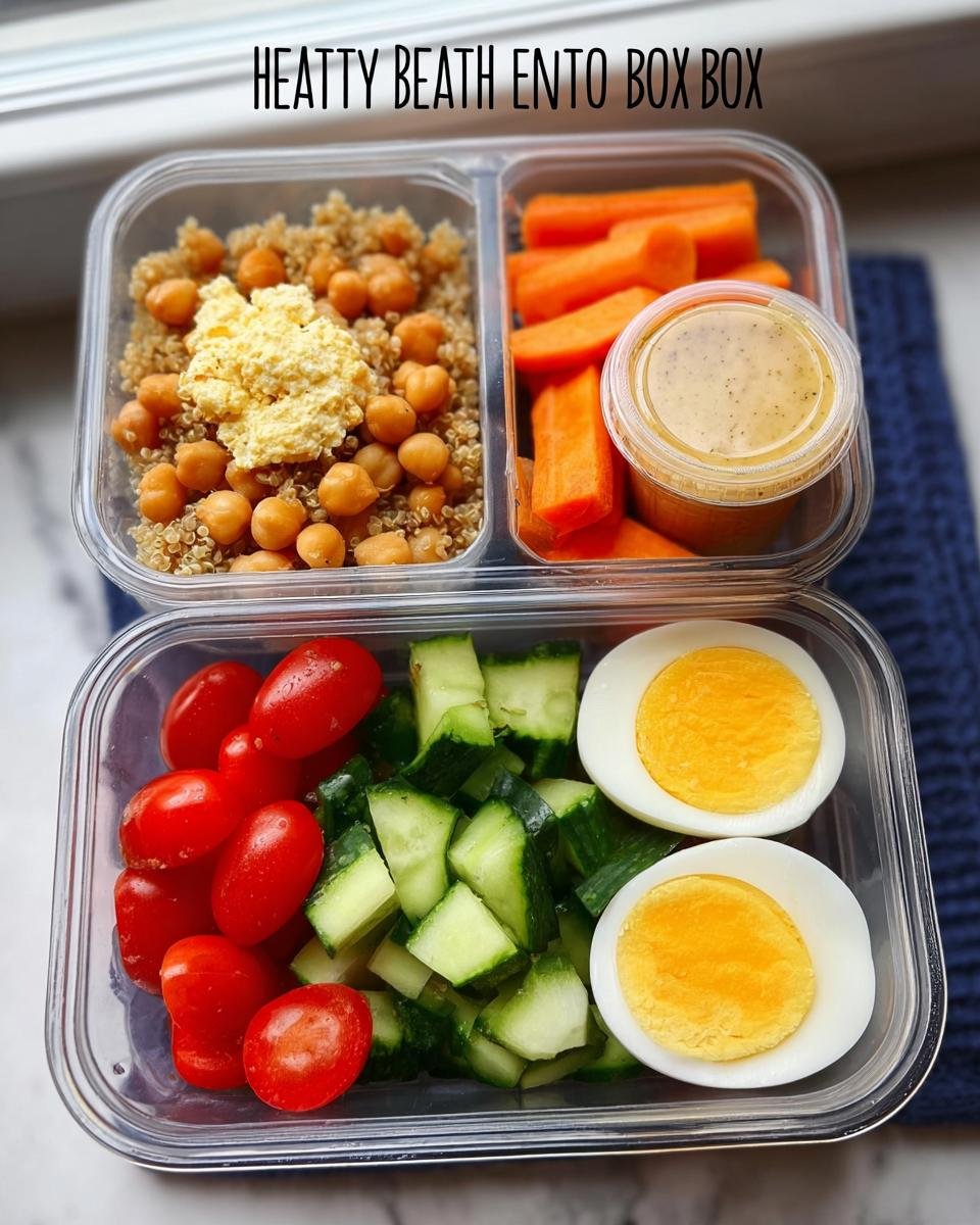 A vibrant Easy Healthy Lunch Bento Box filled with quinoa, chickpeas, carrots, cherry tomatoes, cucumber, and boiled eggs.