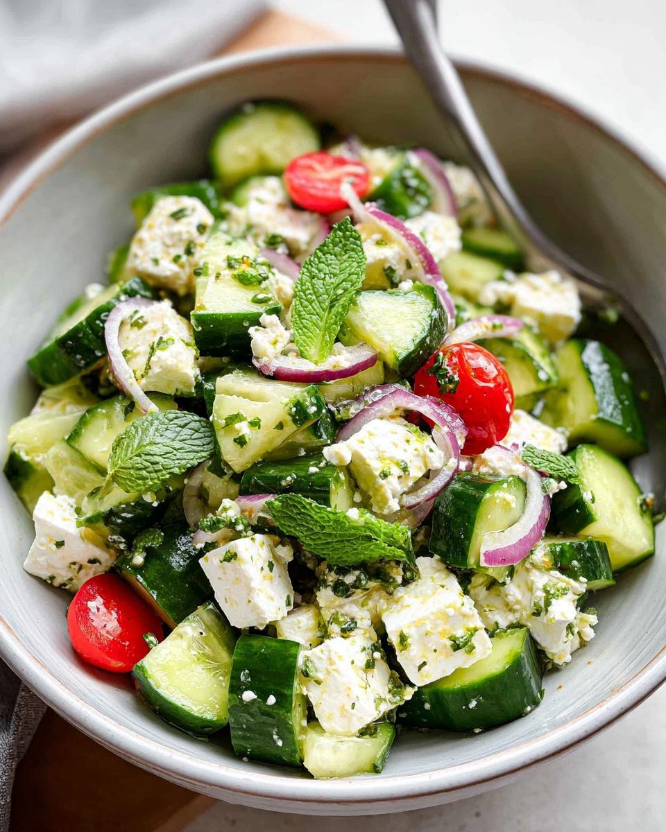 A close-up of a bowl filled with Fresh Cucumber & Feta Salad, featuring chopped cucumbers, feta cheese, red onion, cherry tomatoes, and mint leaves.