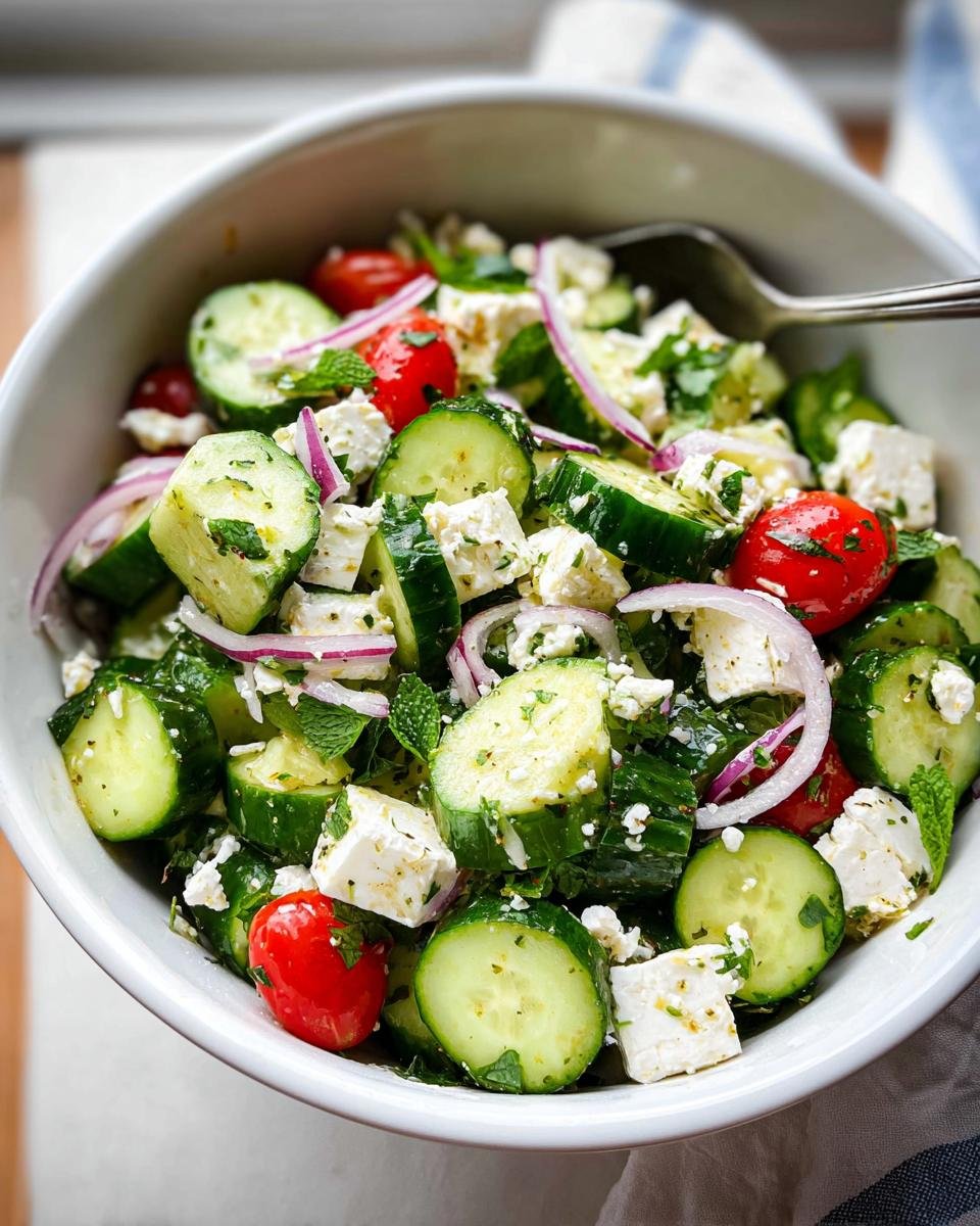 A vibrant bowl of Fresh Cucumber & Feta Salad with cherry tomatoes, red onion, and mint.