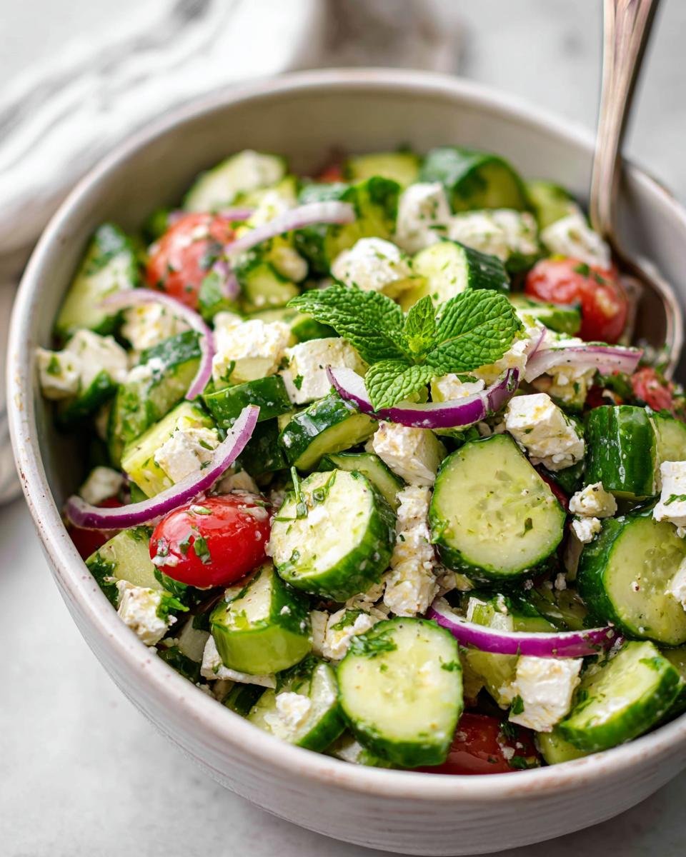 A close-up of a bowl filled with a vibrant Fresh Cucumber & Feta Salad, featuring chopped cucumbers, feta cheese, red onion, and cherry tomatoes.