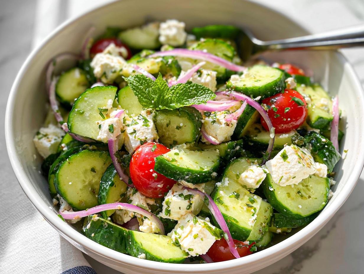 A refreshing bowl of Fresh Cucumber & Feta Salad with sliced cucumbers, cherry tomatoes, feta cheese, red onion, and mint.
