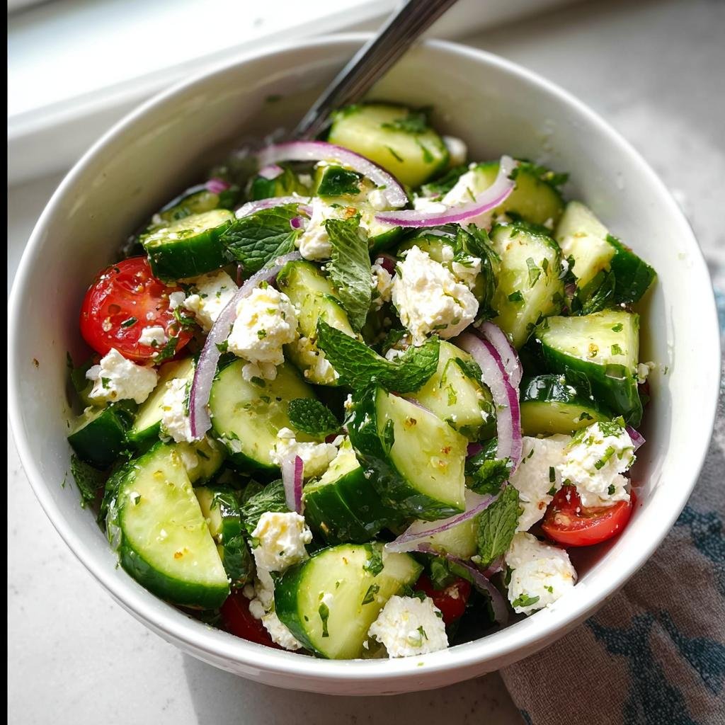 A refreshing bowl of Fresh Cucumber & Feta Salad, featuring chopped cucumbers, feta cheese, red onion, cherry tomatoes, and mint leaves.