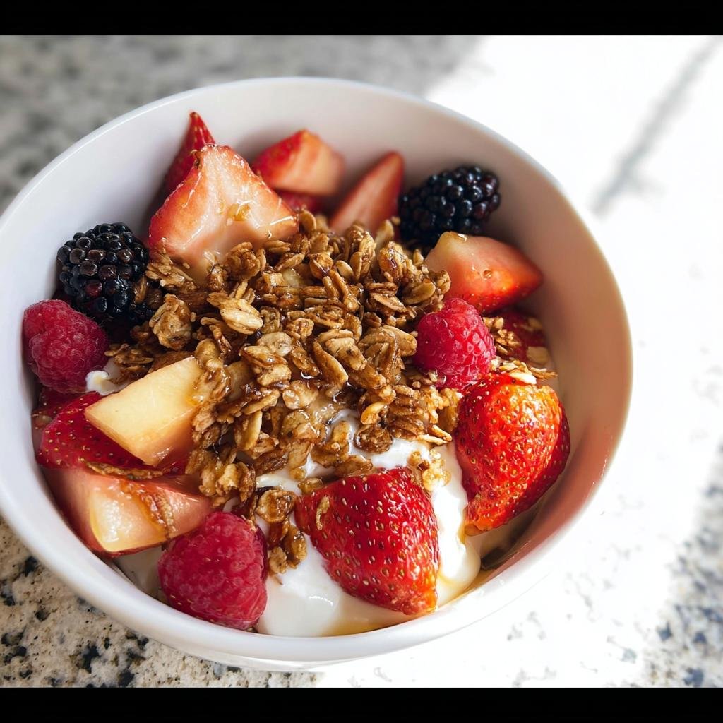 A vibrant Greek Yogurt Fruit Breakfast Bowl topped with fresh strawberries, raspberries, blackberries, peaches, and granola.