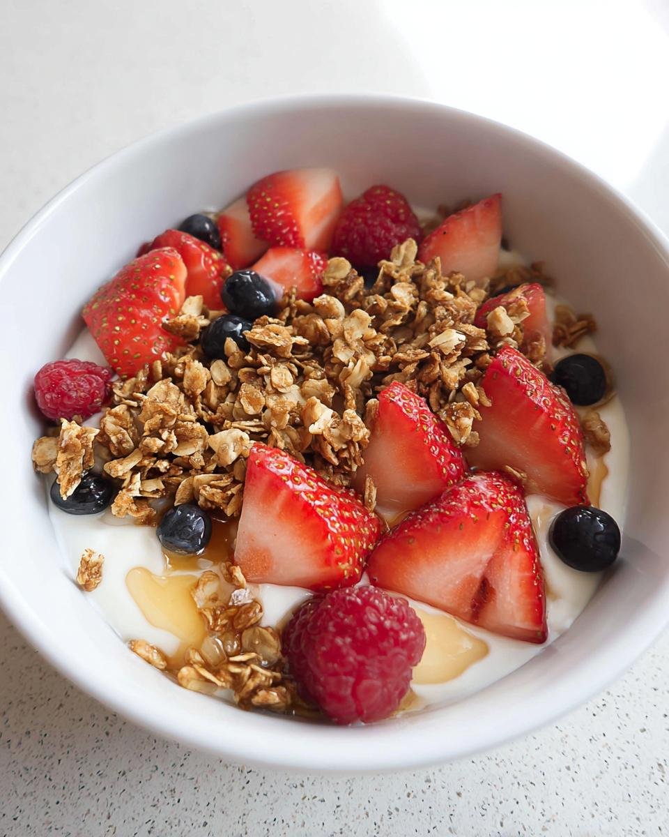 A delicious Greek Yogurt Fruit Breakfast Bowl topped with fresh strawberries, blueberries, raspberries, and granola, drizzled with honey.