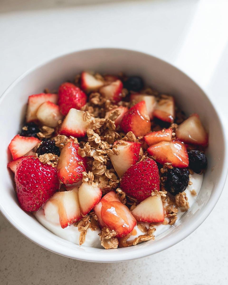 A vibrant Greek Yogurt Fruit Breakfast Bowl topped with fresh strawberries, blackberries, and crunchy granola.