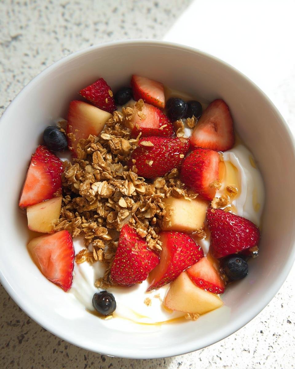 A close-up of a vibrant Greek Yogurt Fruit Breakfast Bowl topped with fresh strawberries, blueberries, melon, and crunchy granola.