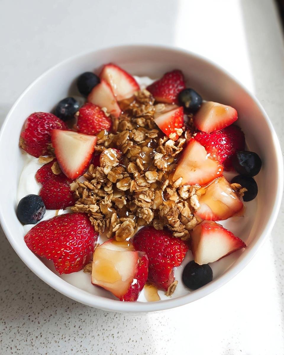 A vibrant Greek Yogurt Fruit Breakfast Bowl topped with fresh strawberries, blueberries, crunchy granola, and a drizzle of honey.