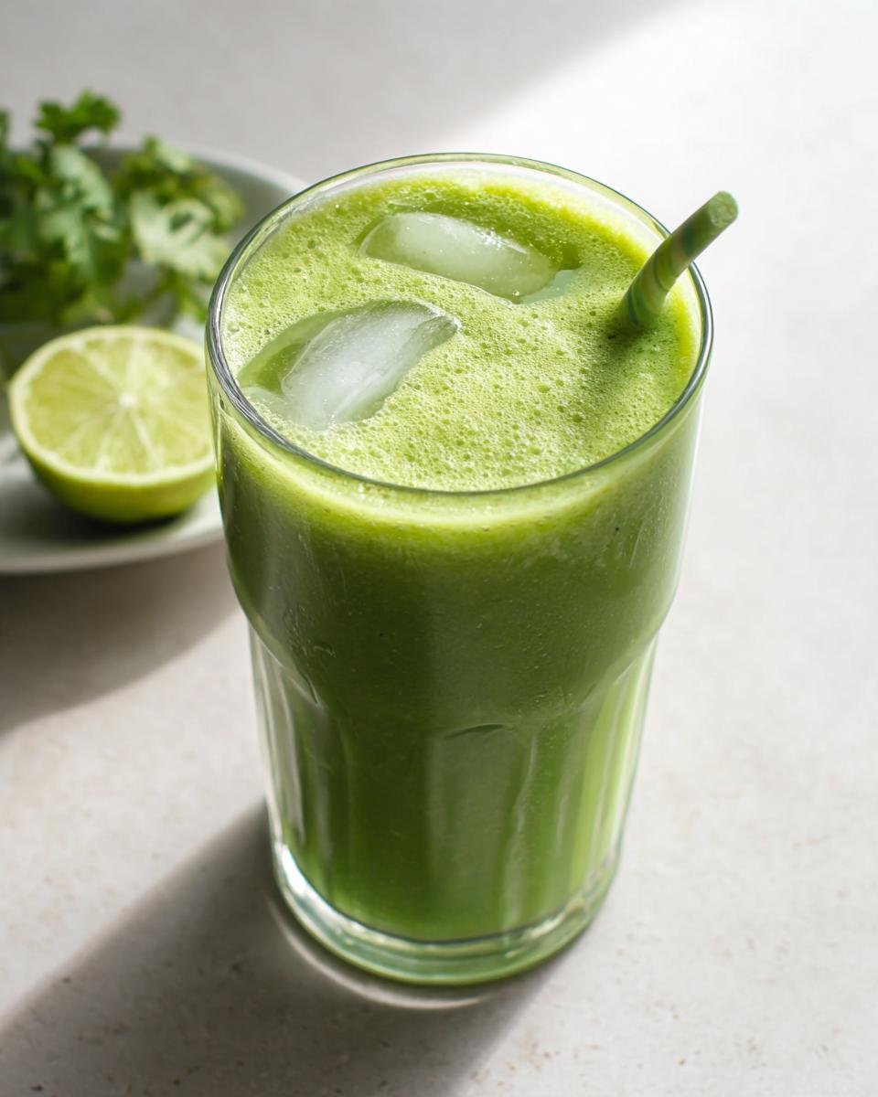 A tall glass filled with a vibrant Green Detox Morning Smoothie, topped with ice and a striped straw. A lime half and cilantro are visible in the background.