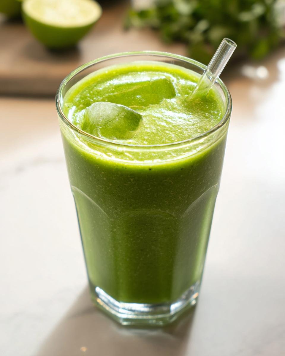 A vibrant Green Detox Morning Smoothie in a glass, topped with ice cubes and a reusable straw.