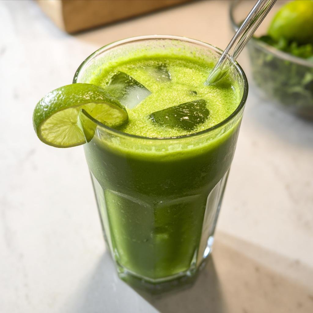 A tall glass filled with a vibrant Green Detox Morning Smoothie, complete with ice cubes and a lime wedge garnish.