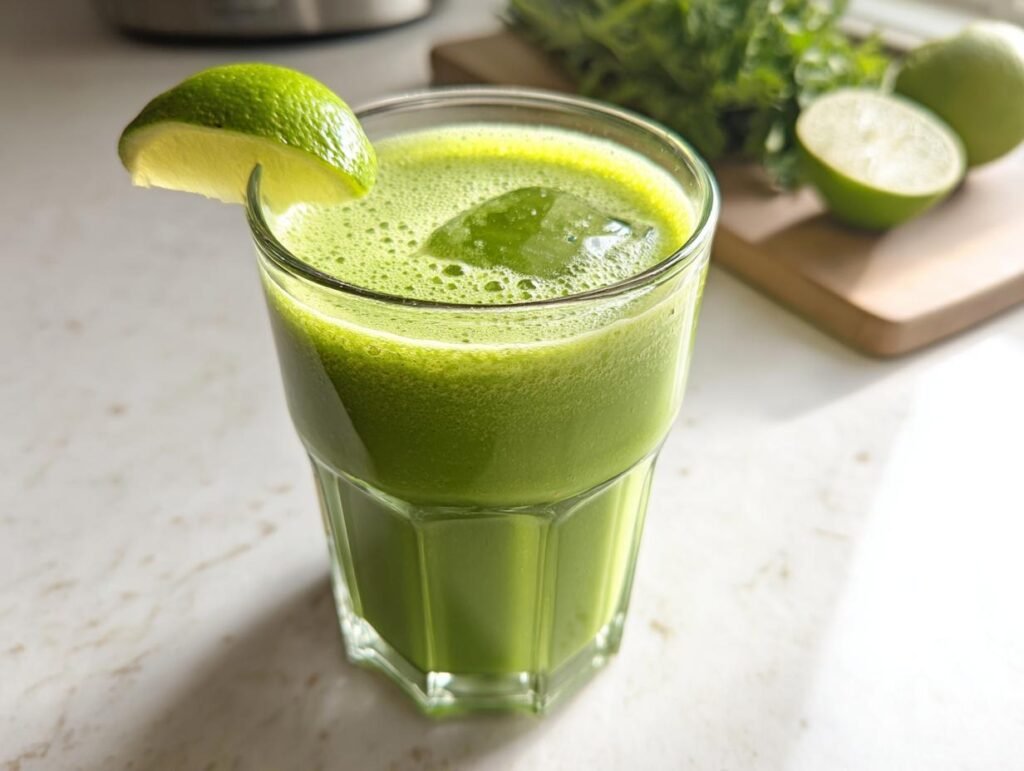 A vibrant Green Detox Morning Smoothie in a glass, garnished with a lime wedge and ice cubes. Fresh limes and greens are visible in the background.