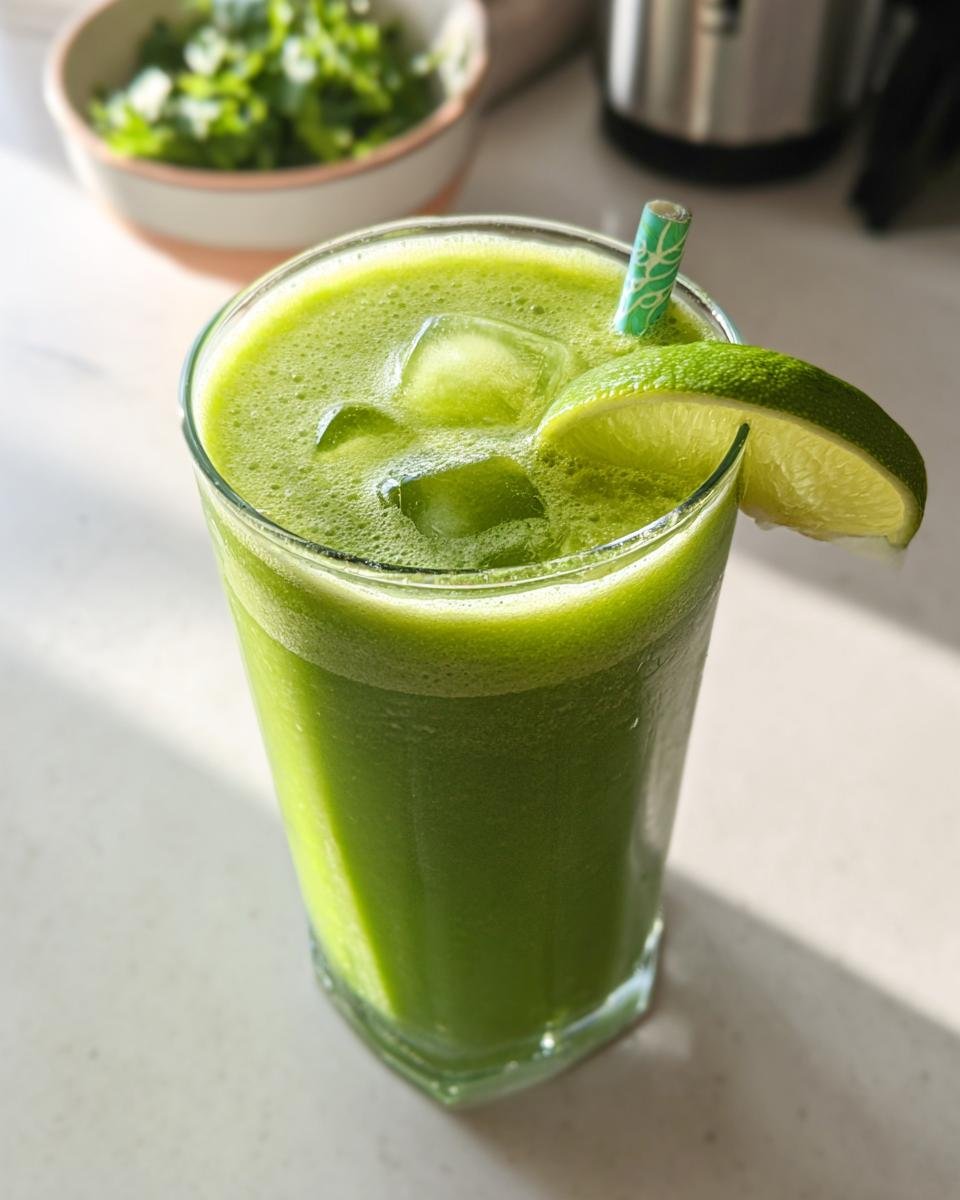 A vibrant Green Detox Morning Smoothie in a glass with ice, lime wedge, and a straw. In the background, a bowl of greens.