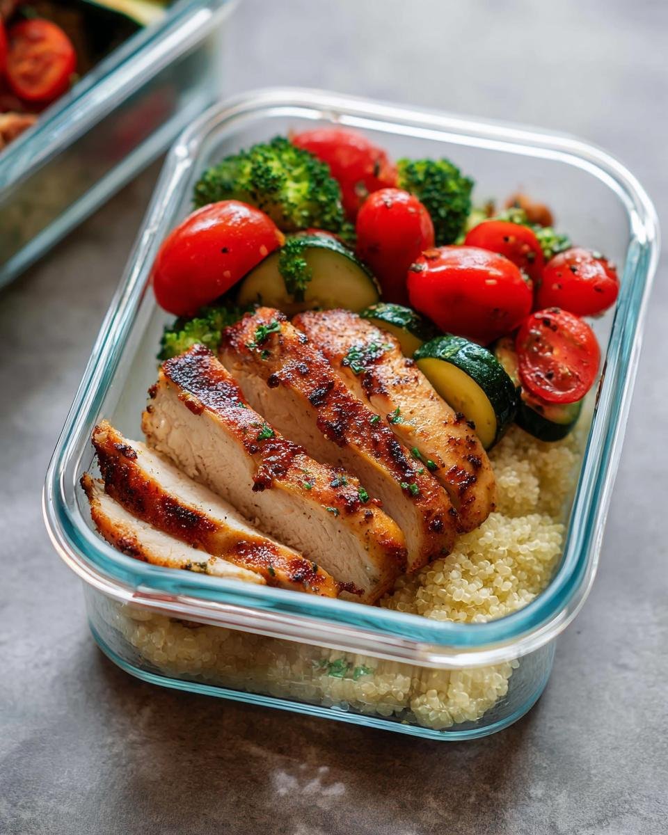 A glass meal prep box filled with sliced grilled chicken, quinoa, cherry tomatoes, broccoli, and zucchini.