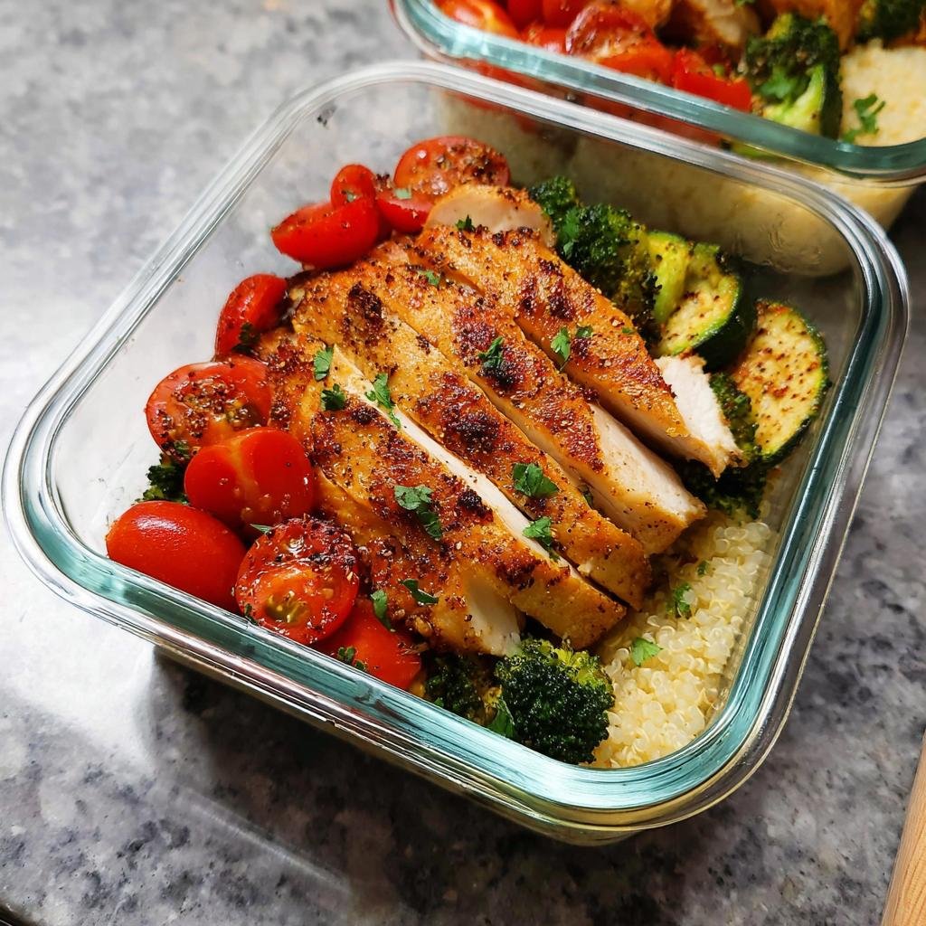 A close-up of a glass meal prep container filled with sliced grilled chicken, cherry tomatoes, broccoli, zucchini, and quinoa.